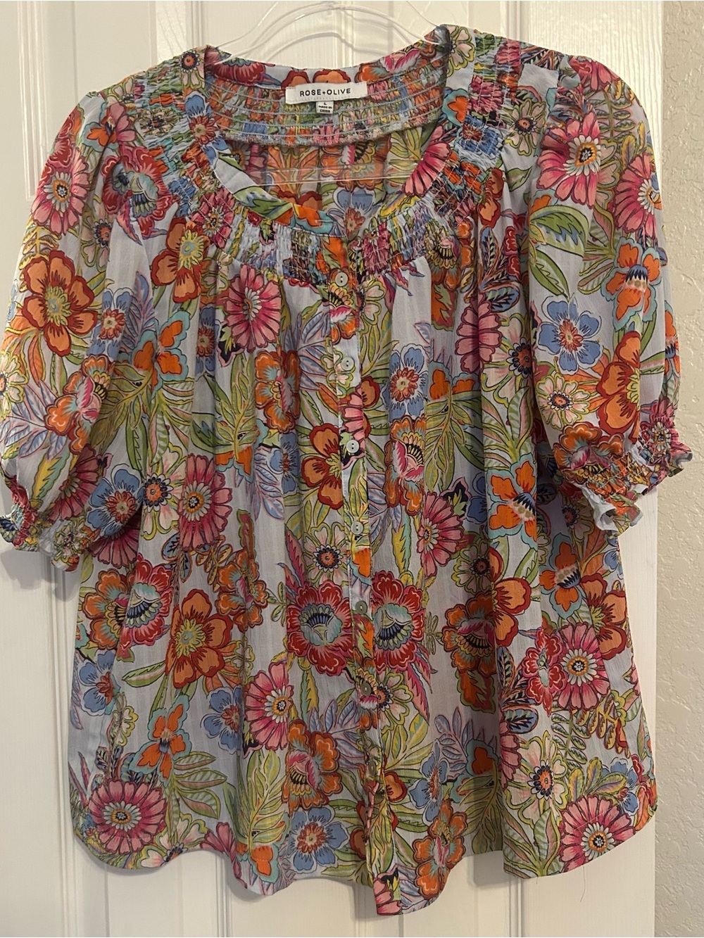 Rose & Olive Blue Floral Button-Up Peasant Blouse